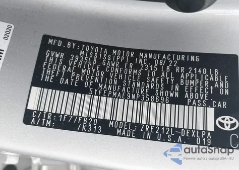 2022 Toyota Corolla Le из США, поврежденный, VIN 5YFEPMAE9NP358696